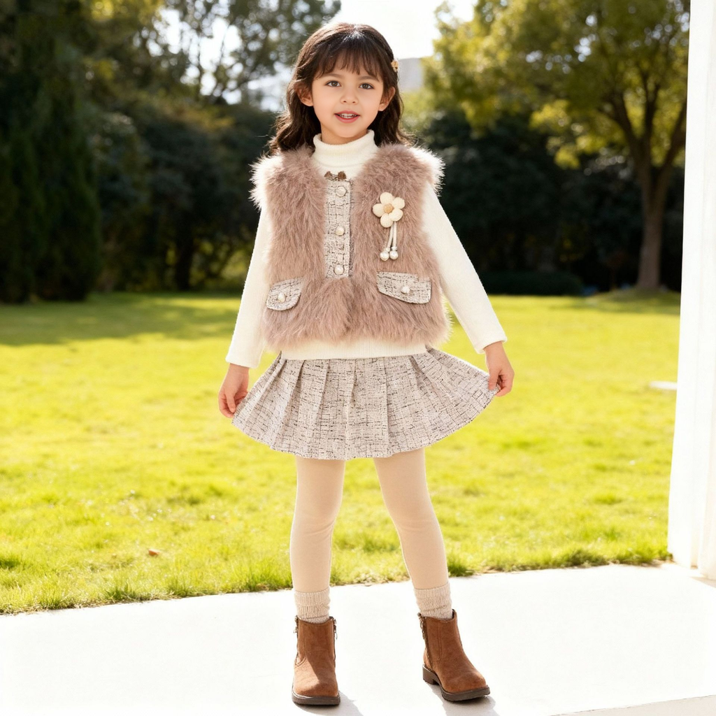 Conjunto de 3 piezas: chaleco de piel, camiseta interior cálida y falda de tweed.