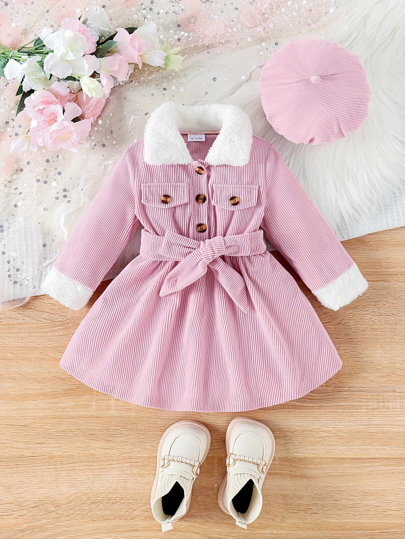 Abrigo de invierno con cuello de piel suave, cinturón elegante y gorro a juego