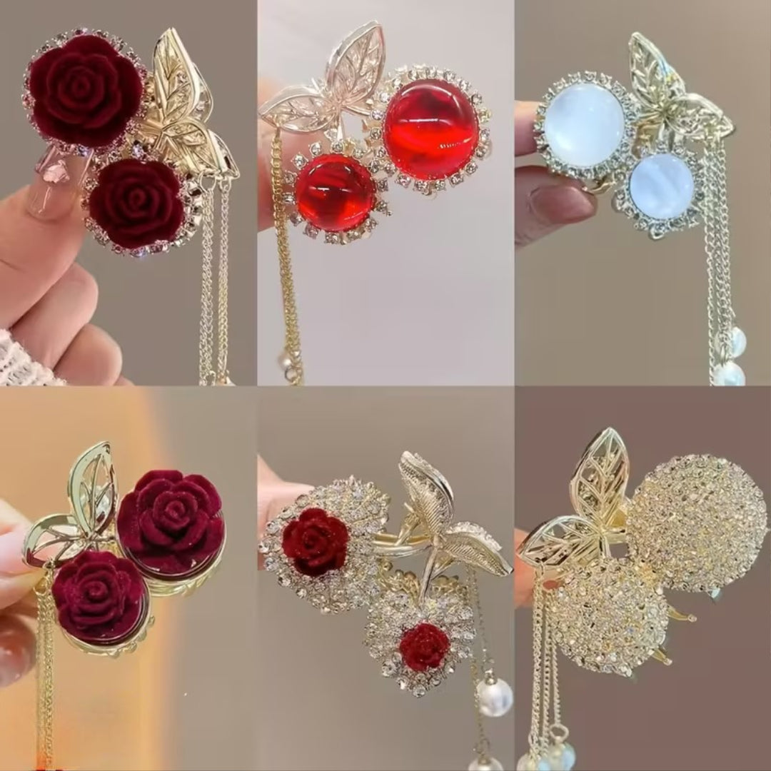 Pinzas de pelo elegantes para niñas: flores 3D con cadenas de perlas colgantes