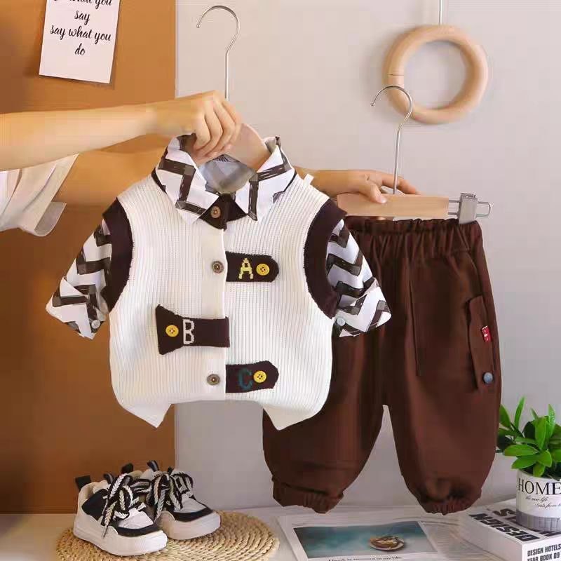 3 piezas chaleco de lana cálido, camisa con estampado moderno y pantalón cómodo