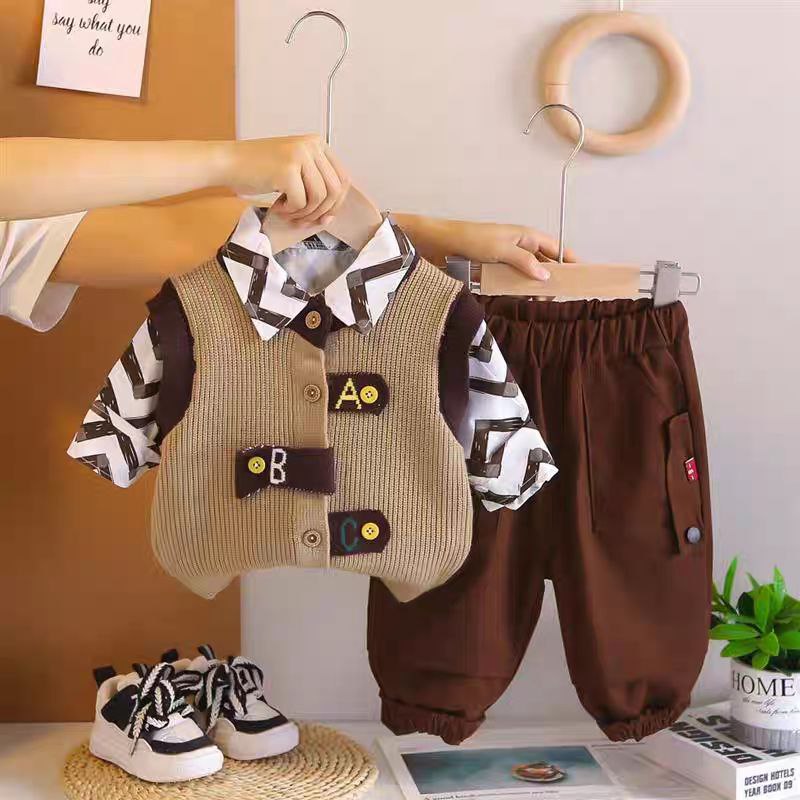 3 piezas chaleco de lana cálido, camisa con estampado moderno y pantalón cómodo