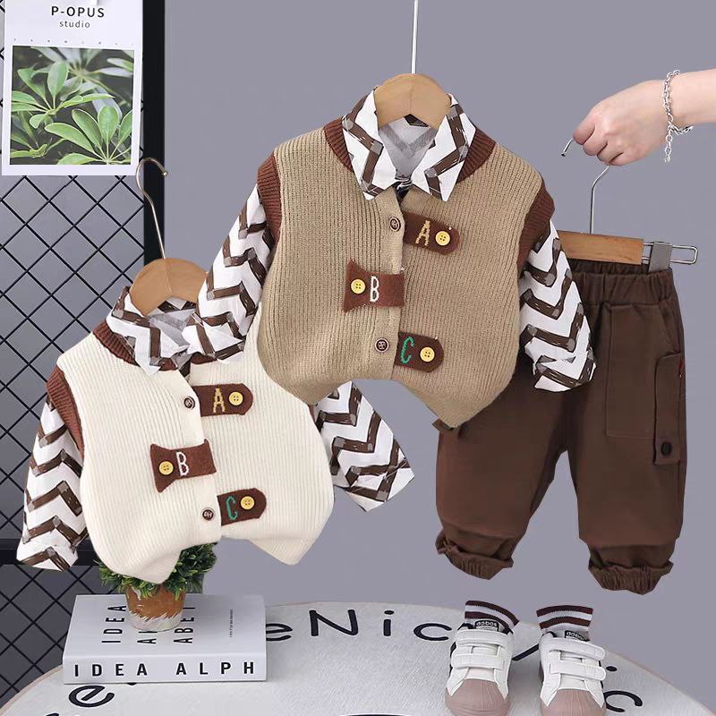 3 piezas chaleco de lana cálido, camisa con estampado moderno y pantalón cómodo