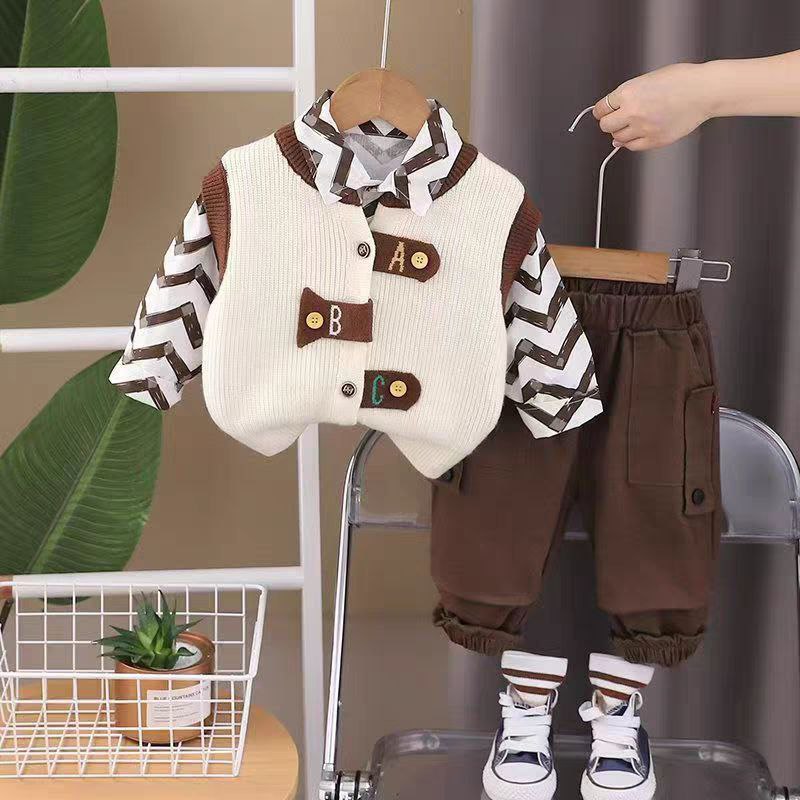 3 piezas chaleco de lana cálido, camisa con estampado moderno y pantalón cómodo