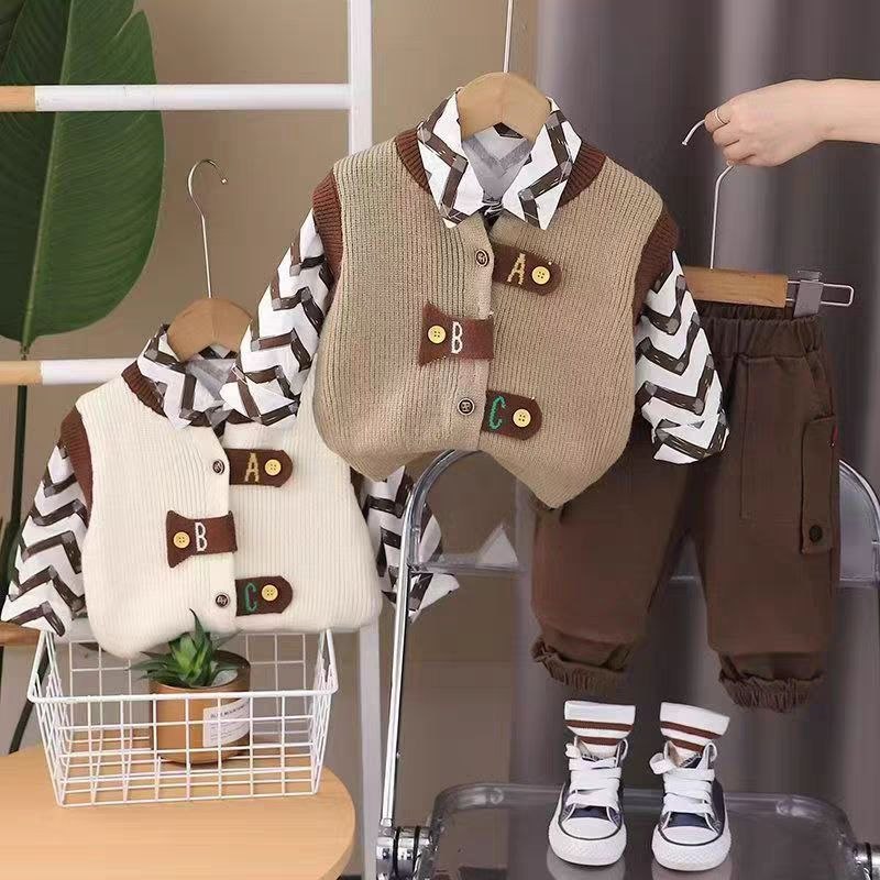 3 piezas chaleco de lana cálido, camisa con estampado moderno y pantalón cómodo