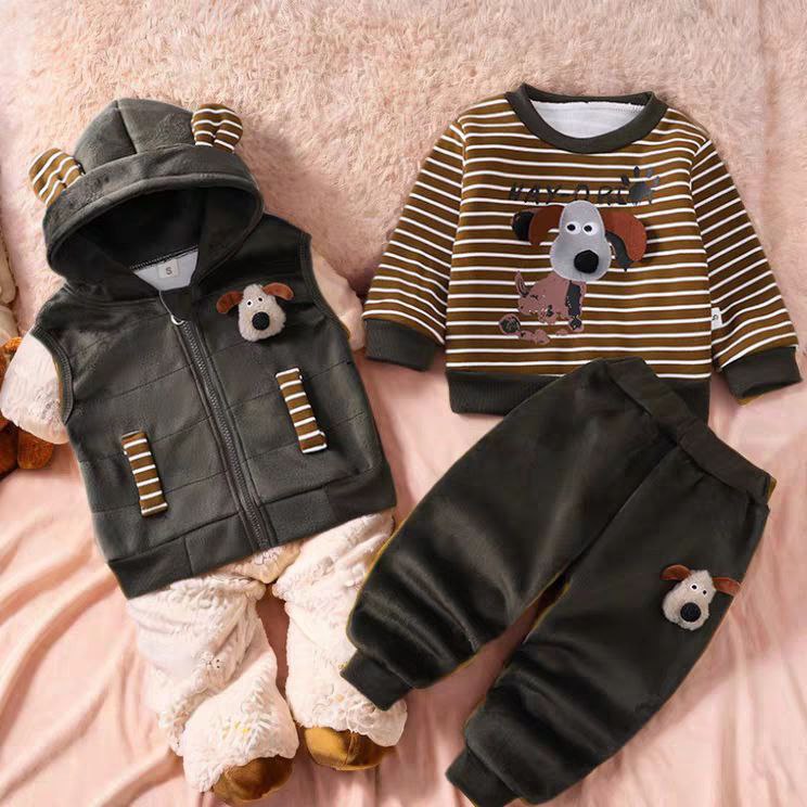 Conjunto infantil de 3 piezas con bordado de osito cálido para invierno