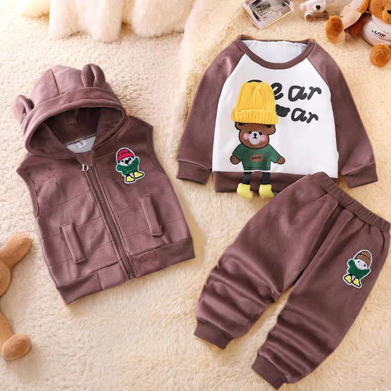 Conjunto infantil de 3 piezas con bordado de osito cálido para invierno