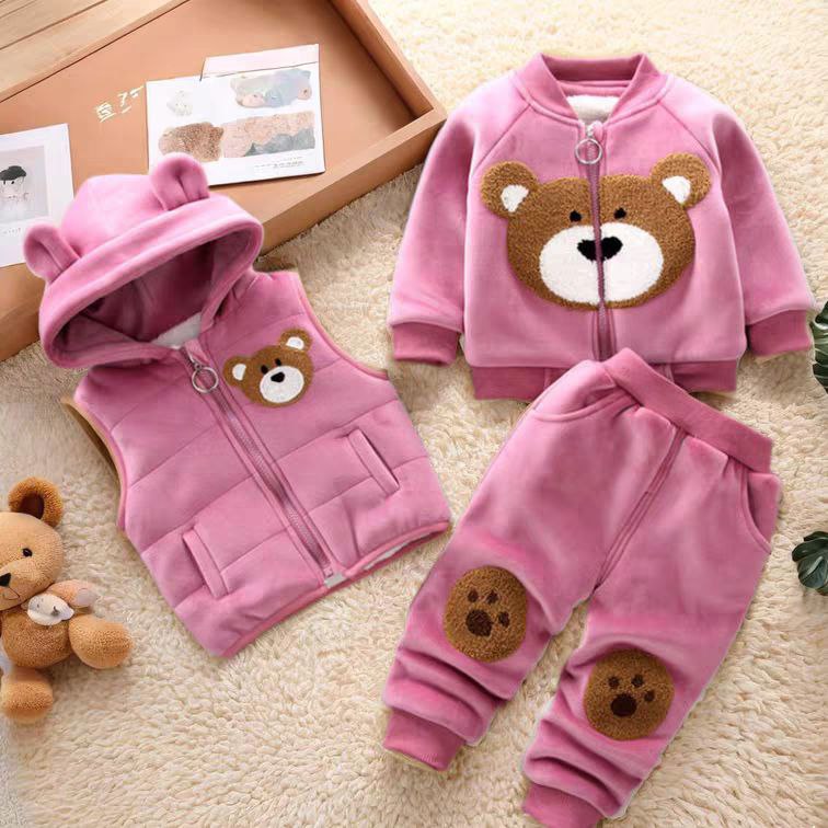 Conjunto infantil de 3 piezas con bordado de osito cálido para invierno