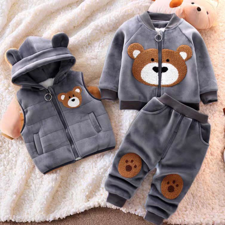 Conjunto infantil de 3 piezas con bordado de osito cálido para invierno