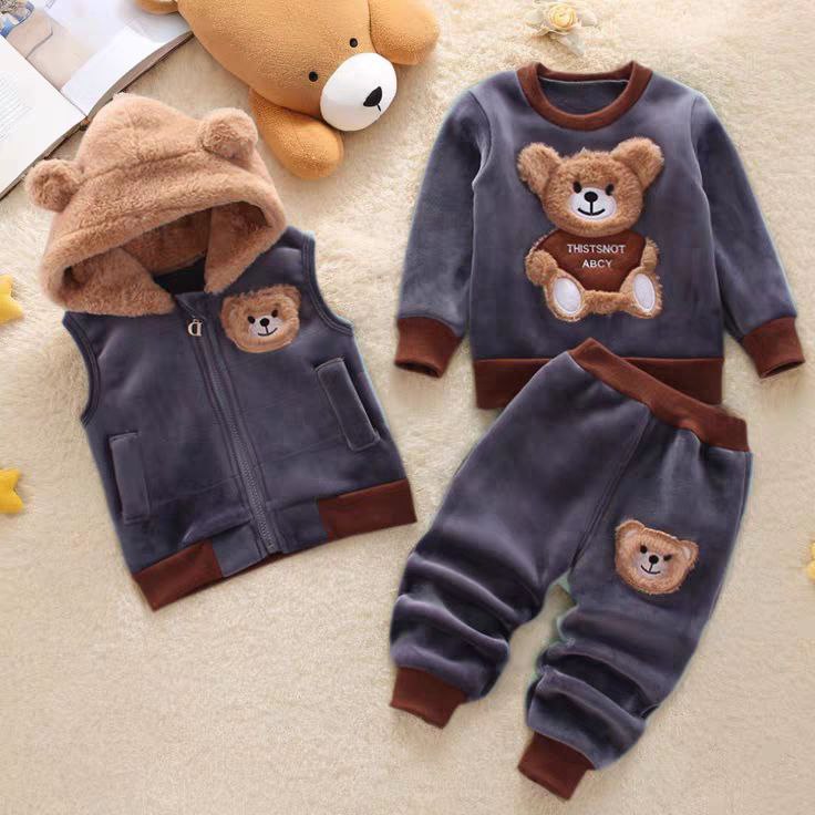 Conjunto infantil de 3 piezas con bordado de osito cálido para invierno