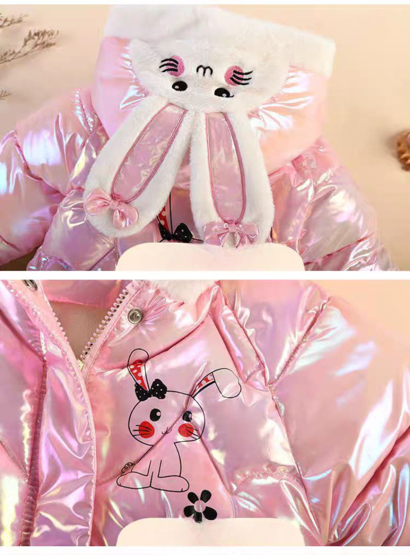 جاكيت مبطن للأطفال بغطاء رأس فرو وأذني أرنب بارزة