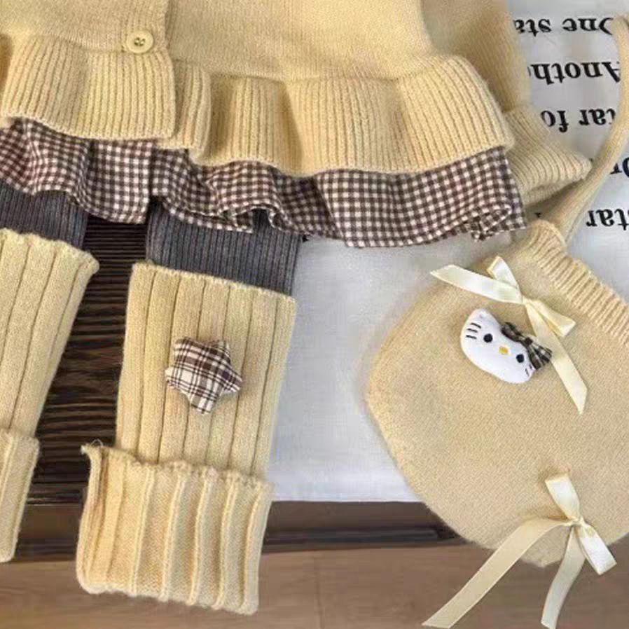 Conjunto de 2 piezas: blusa tejida con volante y pantalón de algodón elástico con calentadores para las piernas.