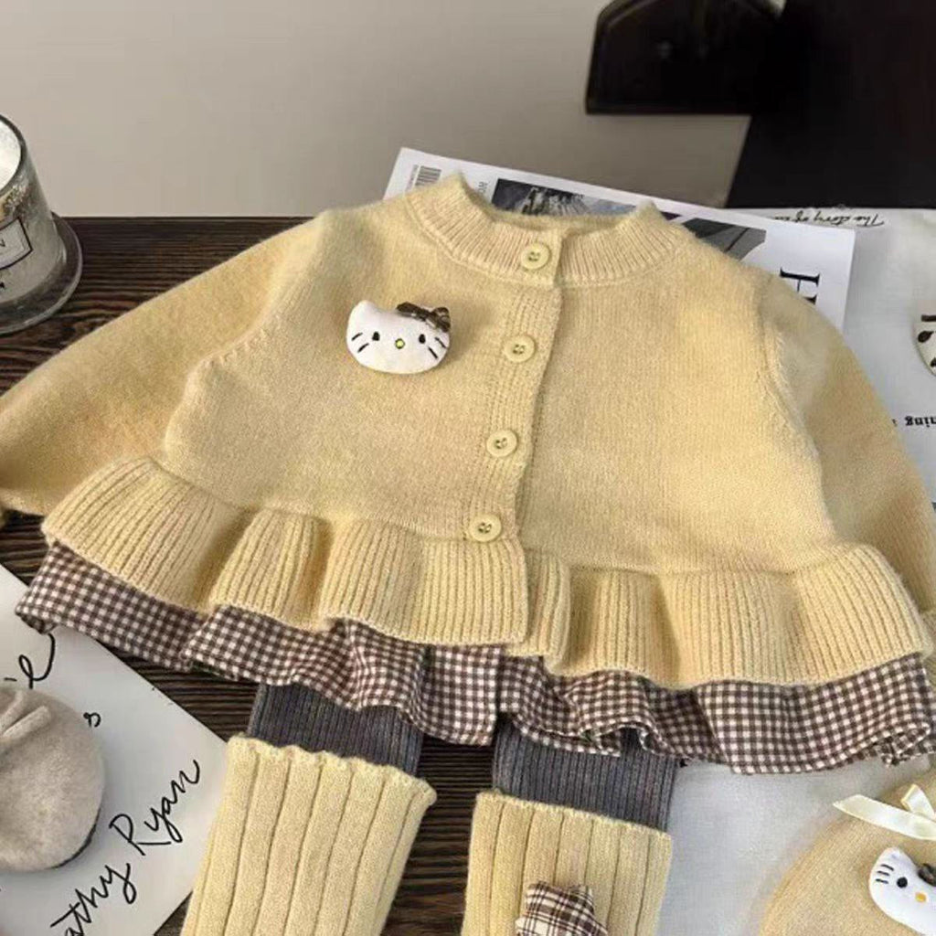 Conjunto de 2 piezas: blusa tejida con volante y pantalón de algodón elástico con calentadores para las piernas.