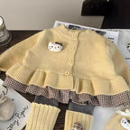 Conjunto de 2 piezas: blusa tejida con volante y pantalón de algodón elástico con calentadores para las piernas.