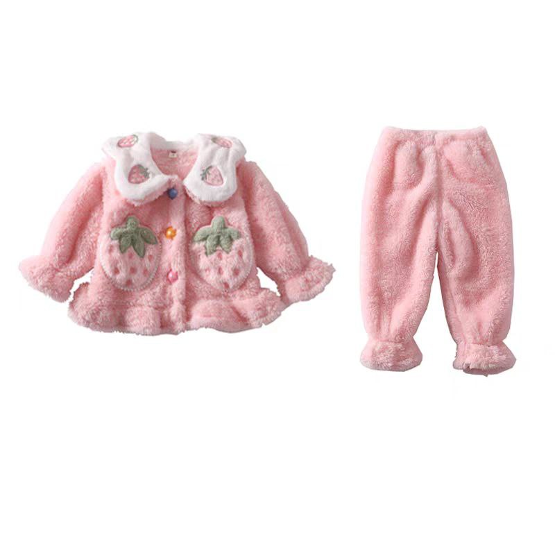 Conjunto de 2 piezas: chaqueta de terciopelo con estampado de fresas y pantalón de terciopelo.