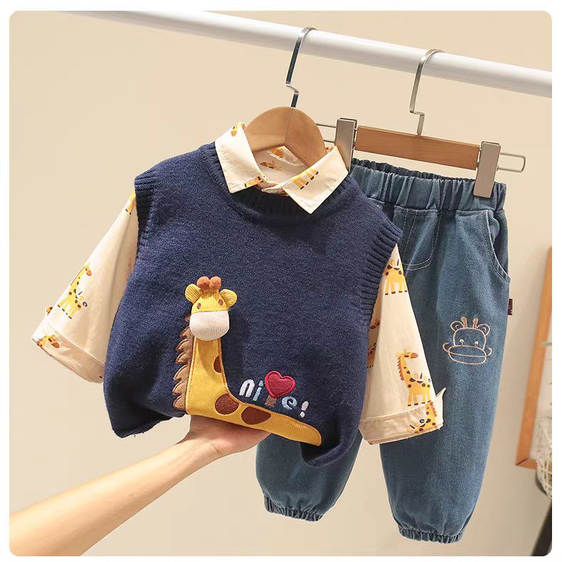 Conjunto de 3 piezas: camiseta de algodón, chaqueta de punto y pantalón vaquero