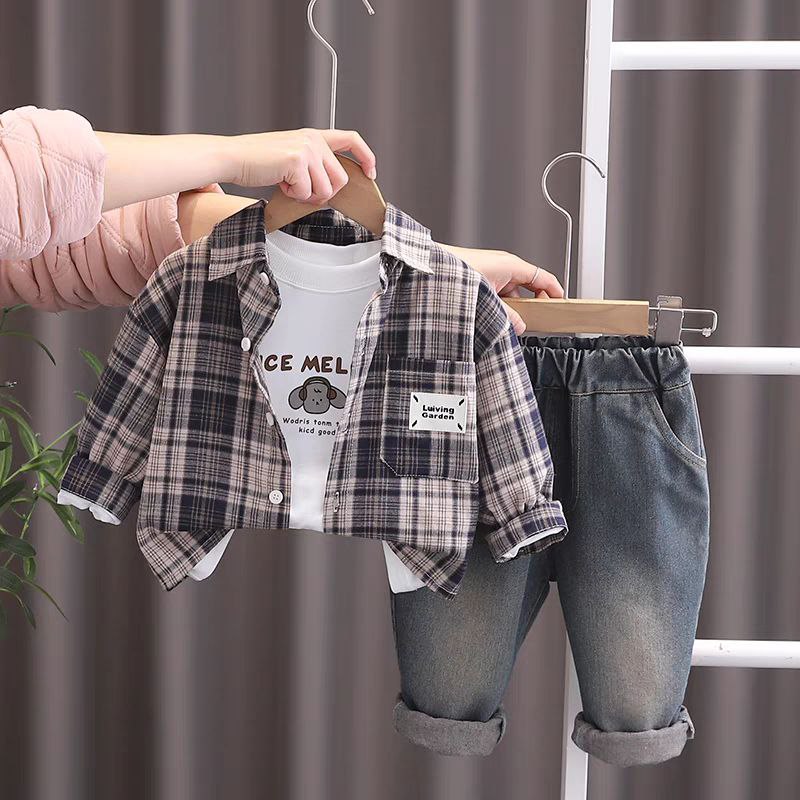 Conjunto de 3 piezas: camisa de cuadros, camiseta interior y pantalón vaquero