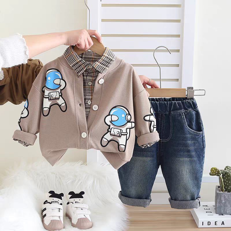 Conjunto de 3 piezas: chaqueta, camisa de cuadros interior y pantalón vaquero