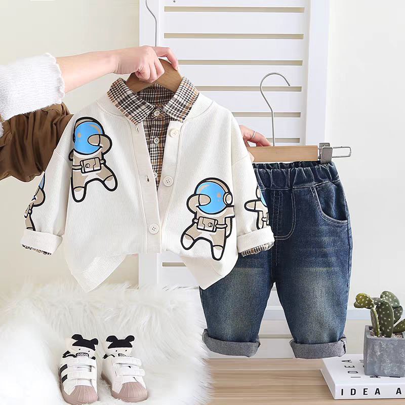 Conjunto de 3 piezas: chaqueta, camisa de cuadros interior y pantalón vaquero