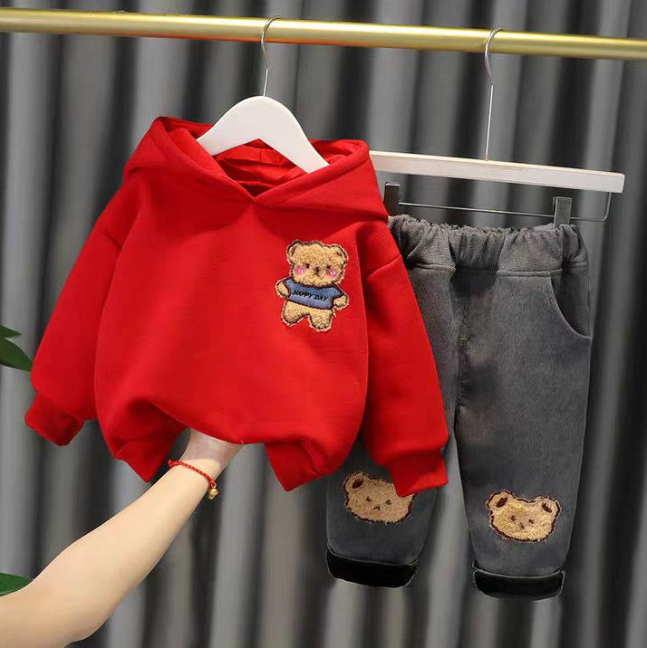 Conjunto de 2 piezas: sudadera con capucha y pantalón vaquero con diseño de oso 3D