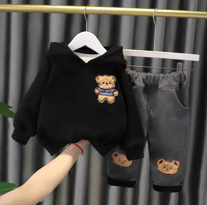 Conjunto de 2 piezas: sudadera con capucha y pantalón vaquero con diseño de oso 3D