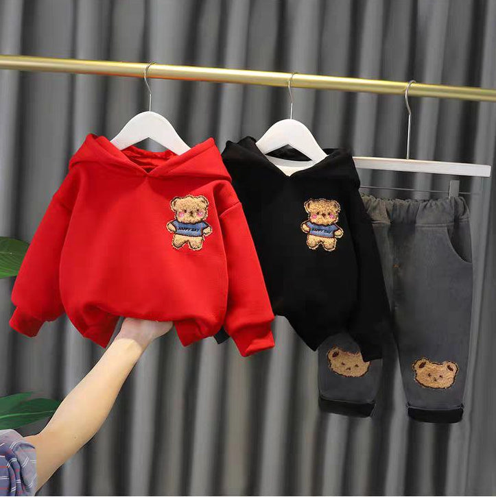 Conjunto de 2 piezas: sudadera con capucha y pantalón vaquero con diseño de oso 3D