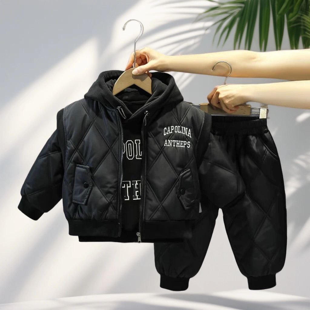 Conjunto de invierno de 3 piezas: sudadera cálida con capucha, chaleco acolchado y pantalón