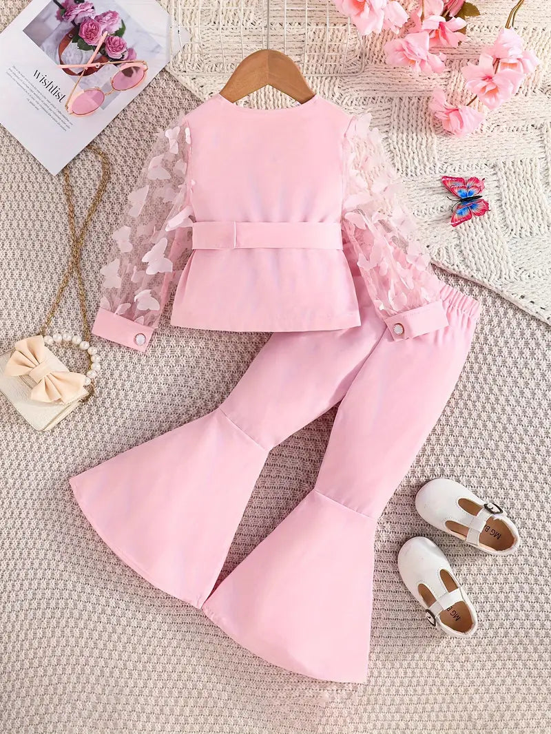 Conjunto infantil de 3 piezas en color lila claro: blusa de mangas transparentes y pantalón ancho 💜✨