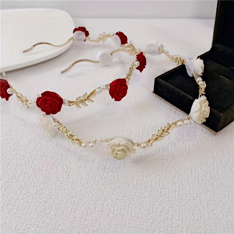 Diadema para niñas con flores, perlas y hojas doradas