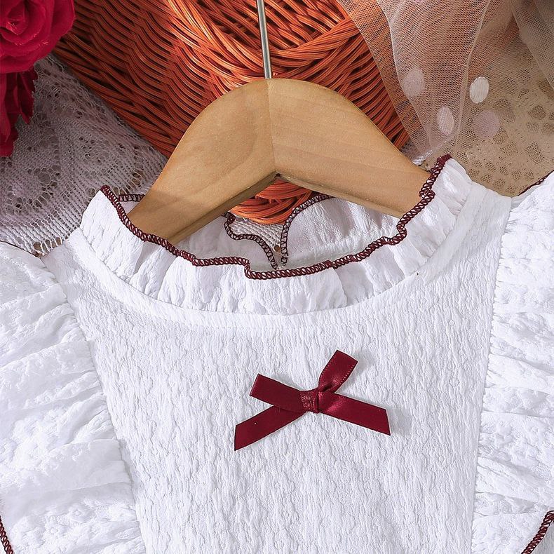 Conjunto de 2 piezas: blusa blanca con volantes y falda de pana con lazo 🤍🎀