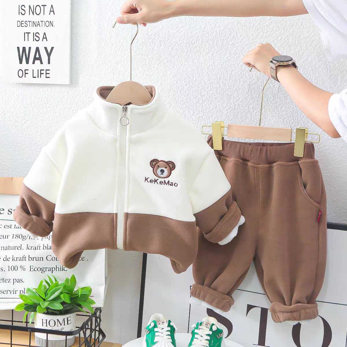 Conjunto de 2 piezas con bordado de osito, cálido de invierno para niños