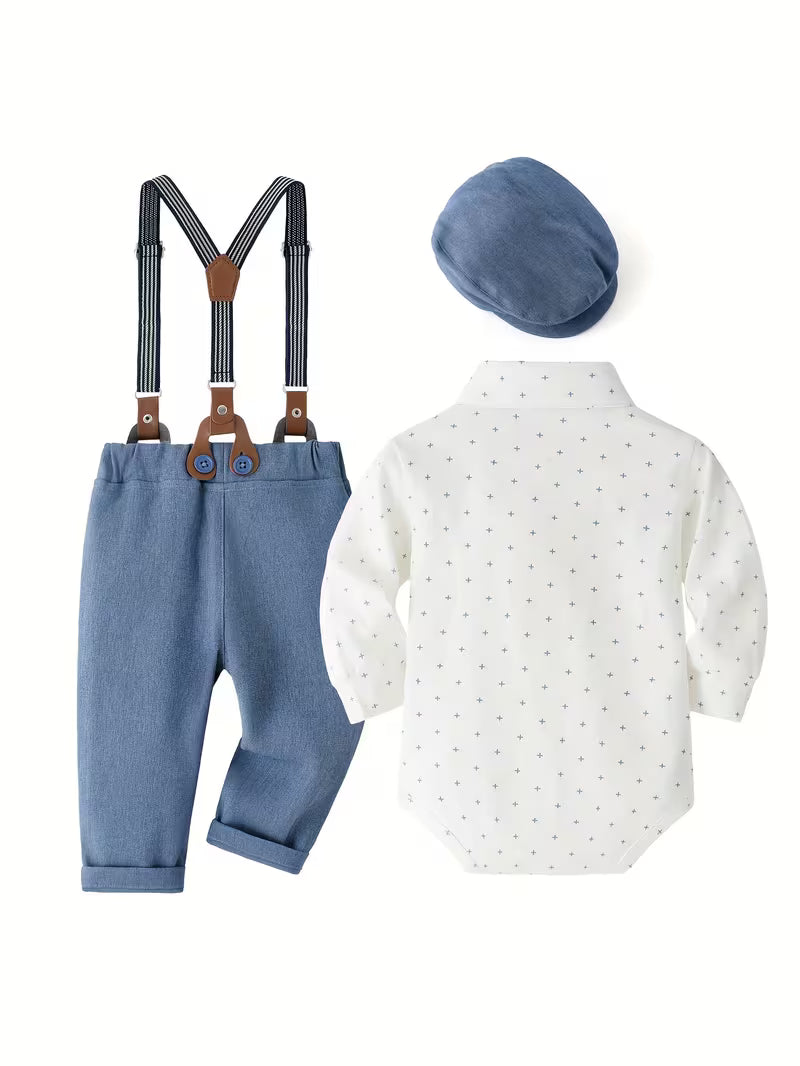 Conjunto clásico de 4 piezas: body, pantalón con tirantes, corbata y gorra