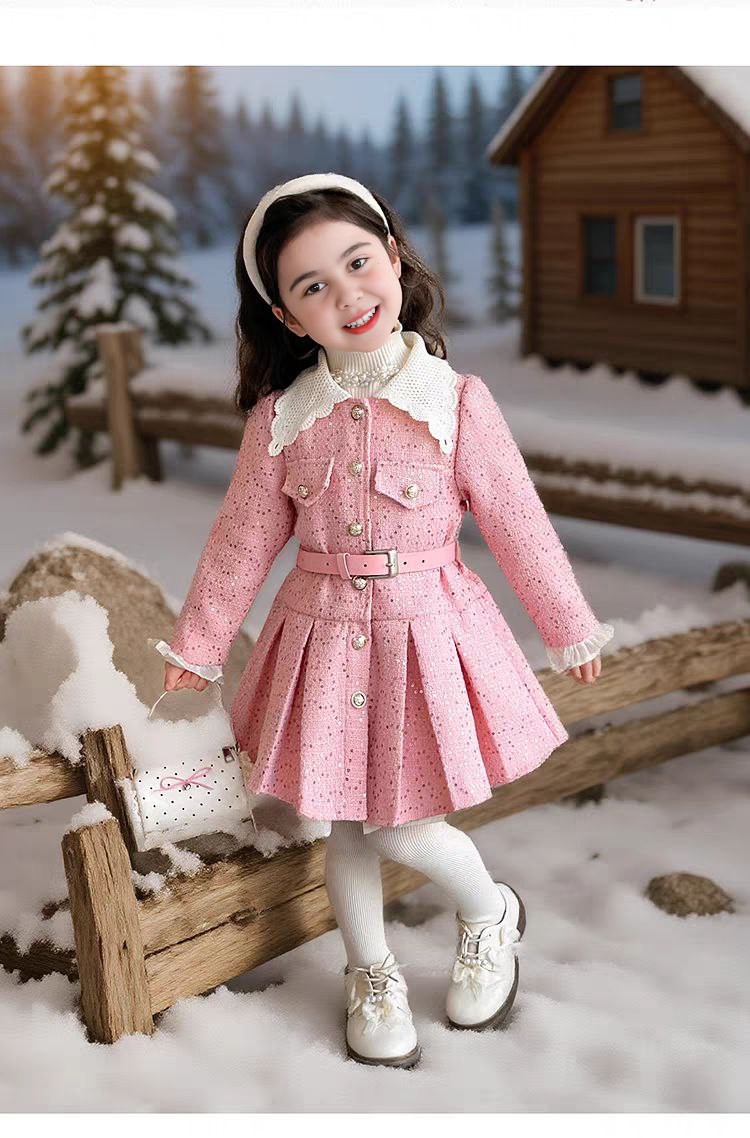 Vestido rosa elegante para niñas con cinturón, perfecto para el invierno.