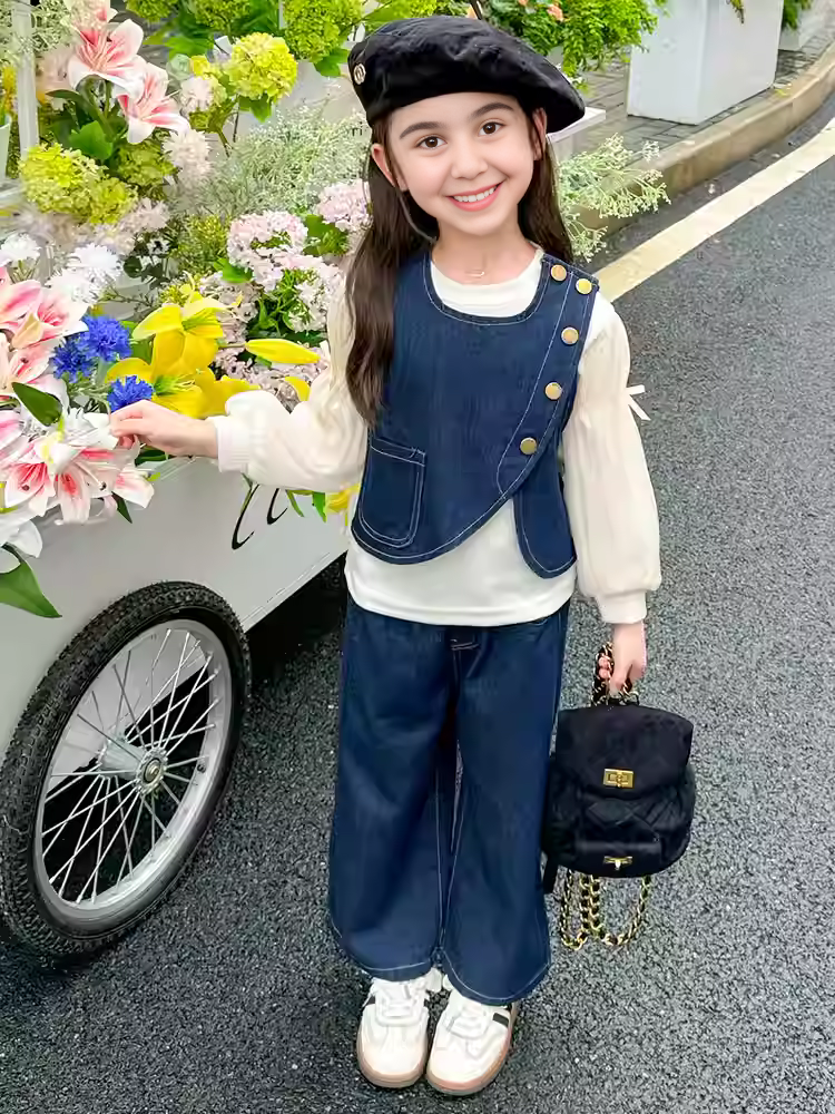 Conjunto de 3 piezas: blusa, chaleco de mezclilla y pantalón.