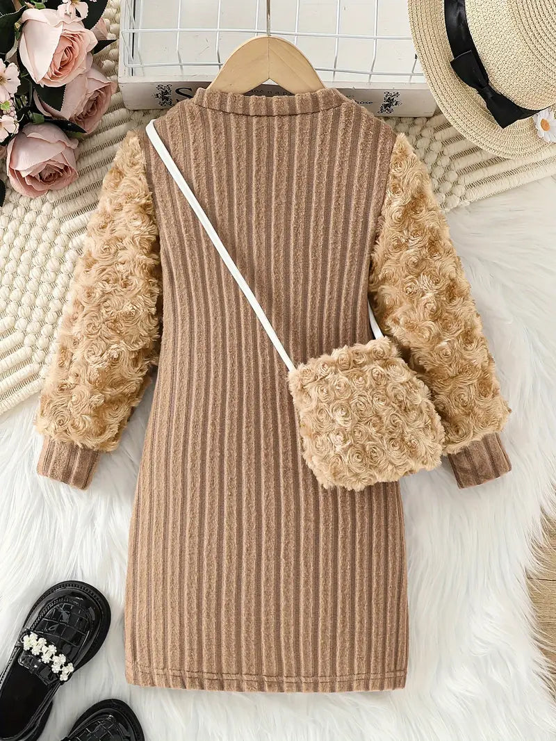 Vestido de invierno en color suave con detalles de piel moderna y bolso pequeño a juego ❄️🎀