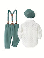 Conjunto clásico de 4 piezas: body, pantalón con tirantes, corbata y gorra