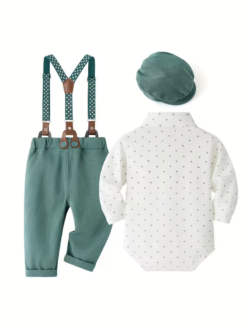 Conjunto clásico de 4 piezas: body, pantalón con tirantes, corbata y gorra