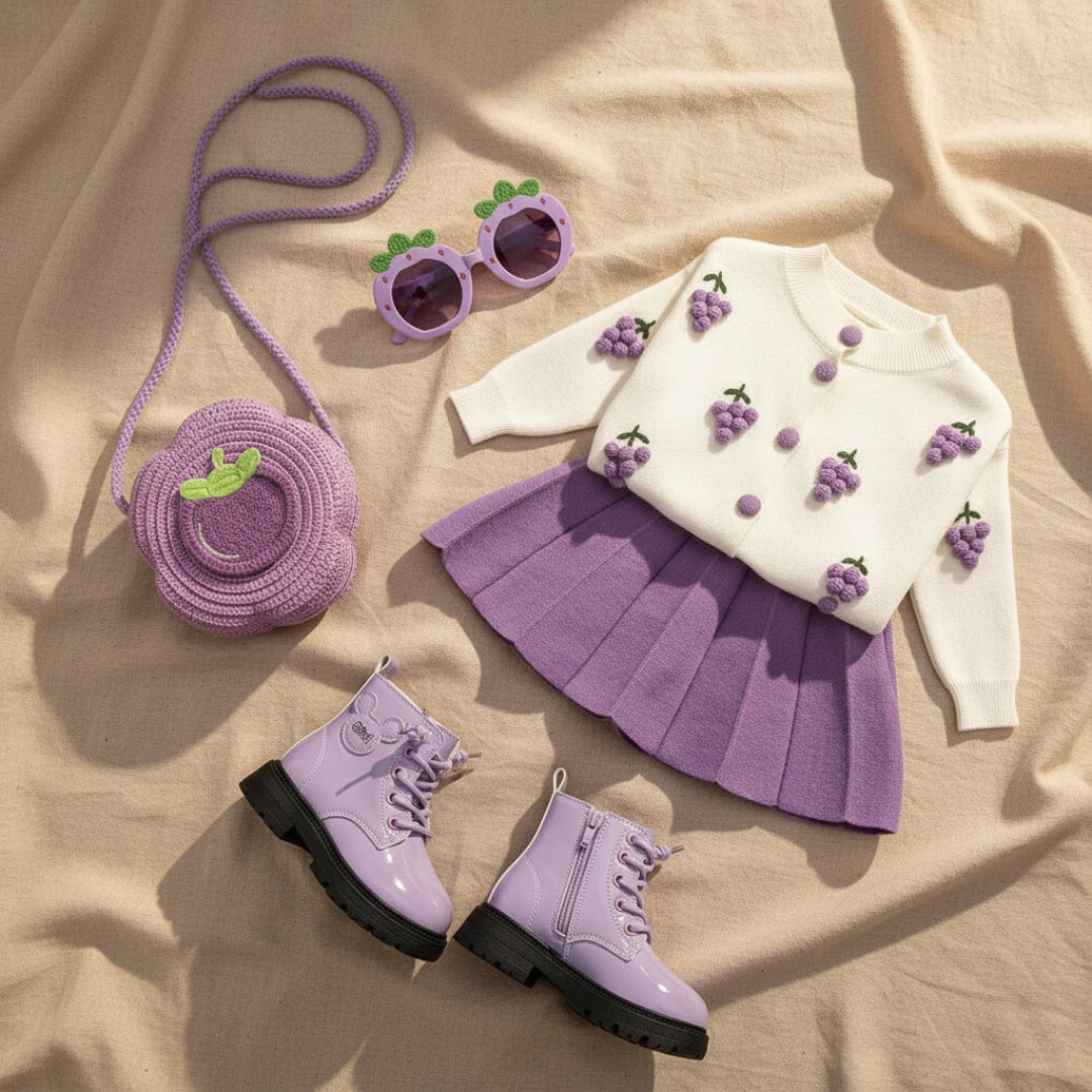 طقم كامل من قطعتين وحذاء بتصميم لامع الى جانب نظارات الفواكه الشمسية وحقيبة