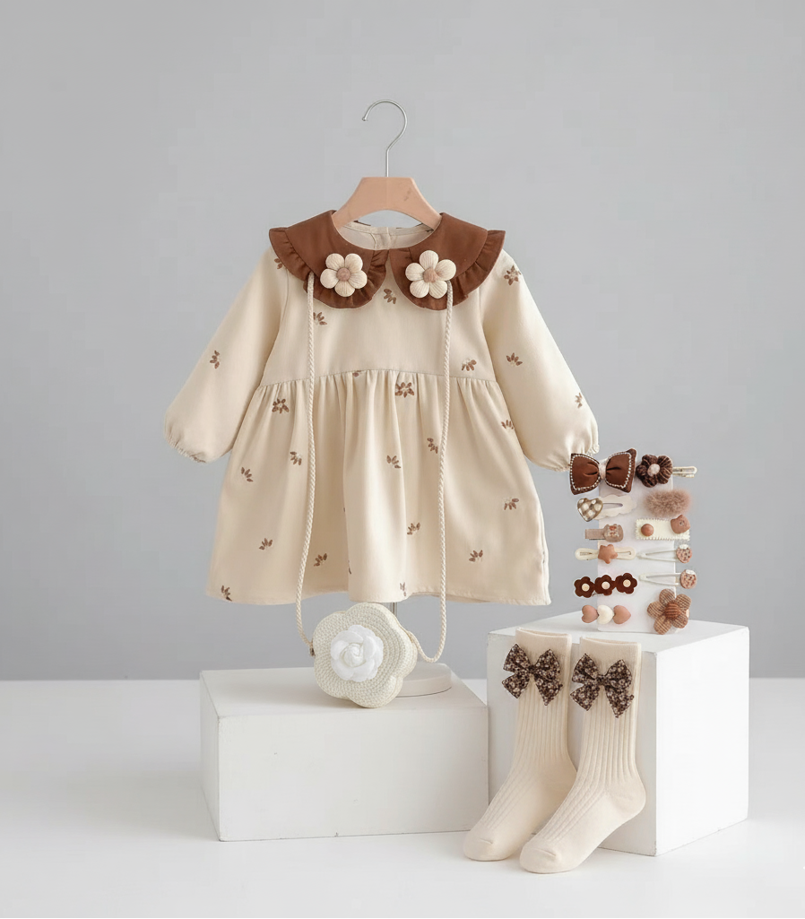 فستان مزين بالزهور مع حقيبة متناسقة الى جانب الجوارب واكسيسوارت الشعر