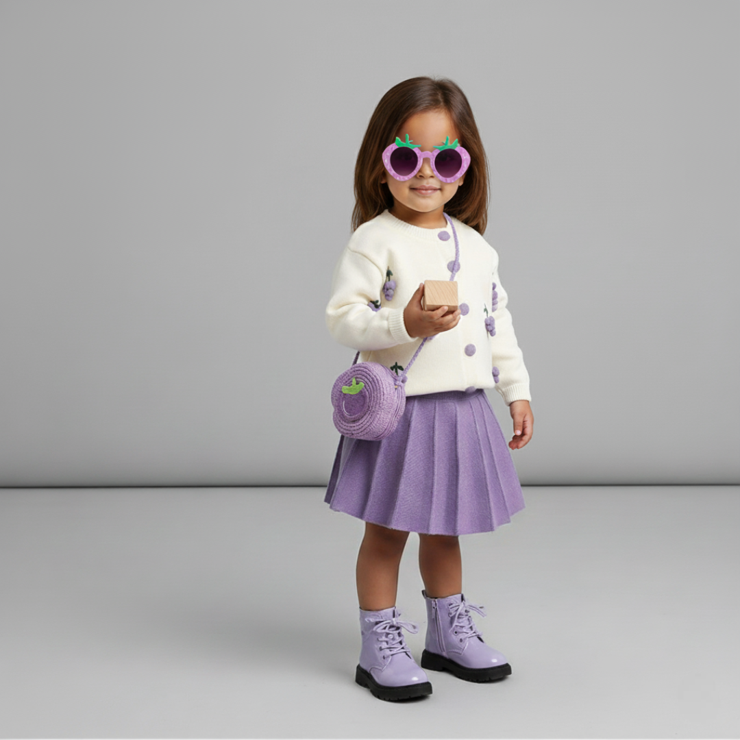 طقم كامل من قطعتين وحذاء بتصميم لامع الى جانب نظارات الفواكه الشمسية وحقيبة