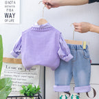 Conjunto de 3 piezas: camisa de manga larga, chaleco de lana decorado y pantalón vaquero