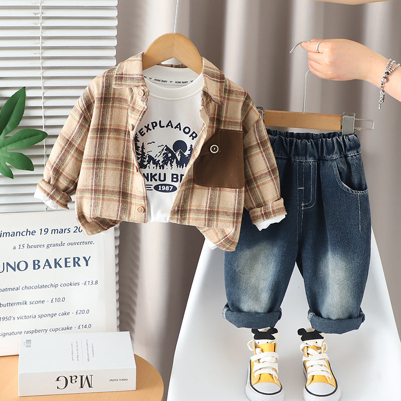 Conjunto de 3 piezas: camisa de cuadros, camiseta de algodón y pantalón vaquero