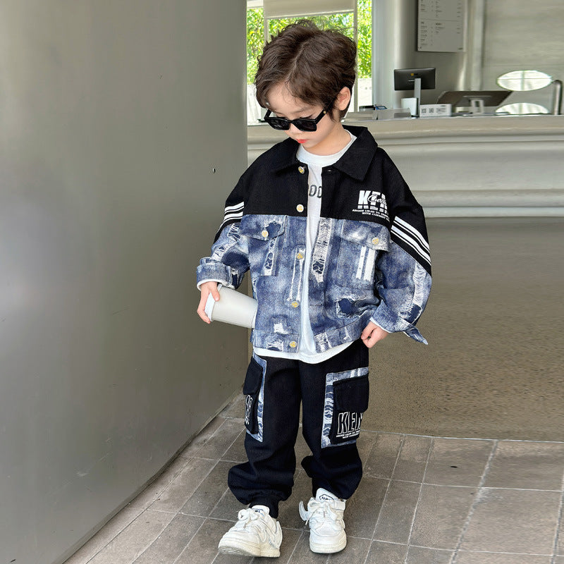 Conjunto casual de 2 piezas: chaqueta y pantalón con diseño denim moderno