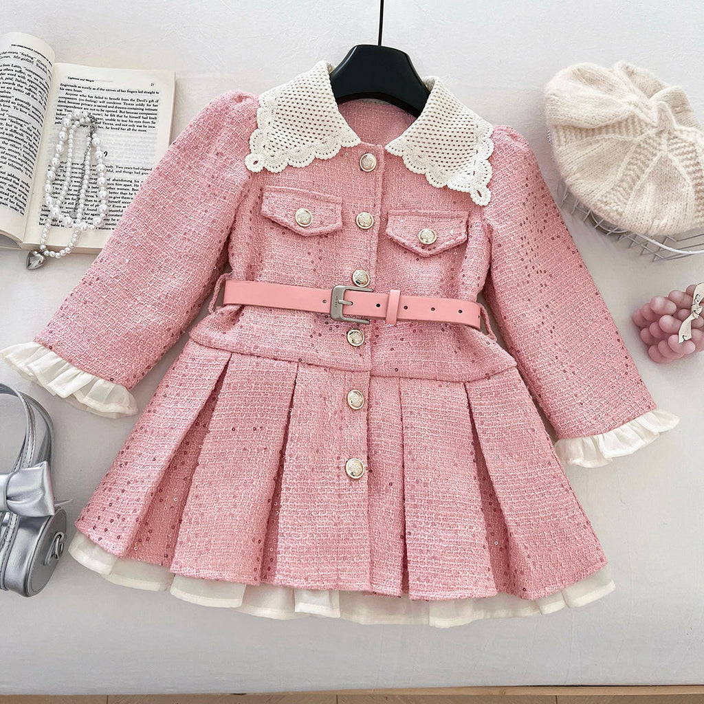 Vestido rosa elegante para niñas con cinturón, perfecto para el invierno.