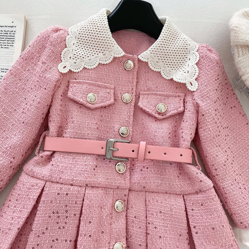 Vestido rosa elegante para niñas con cinturón, perfecto para el invierno.