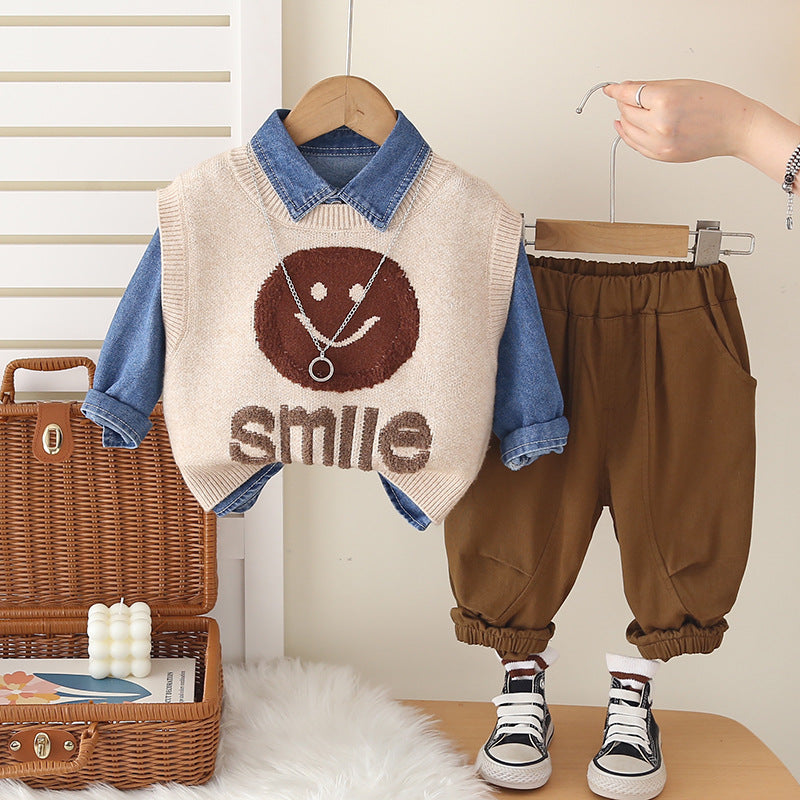 Conjunto de 3 piezas: camisa vaquera, suéter de lana y pantalón