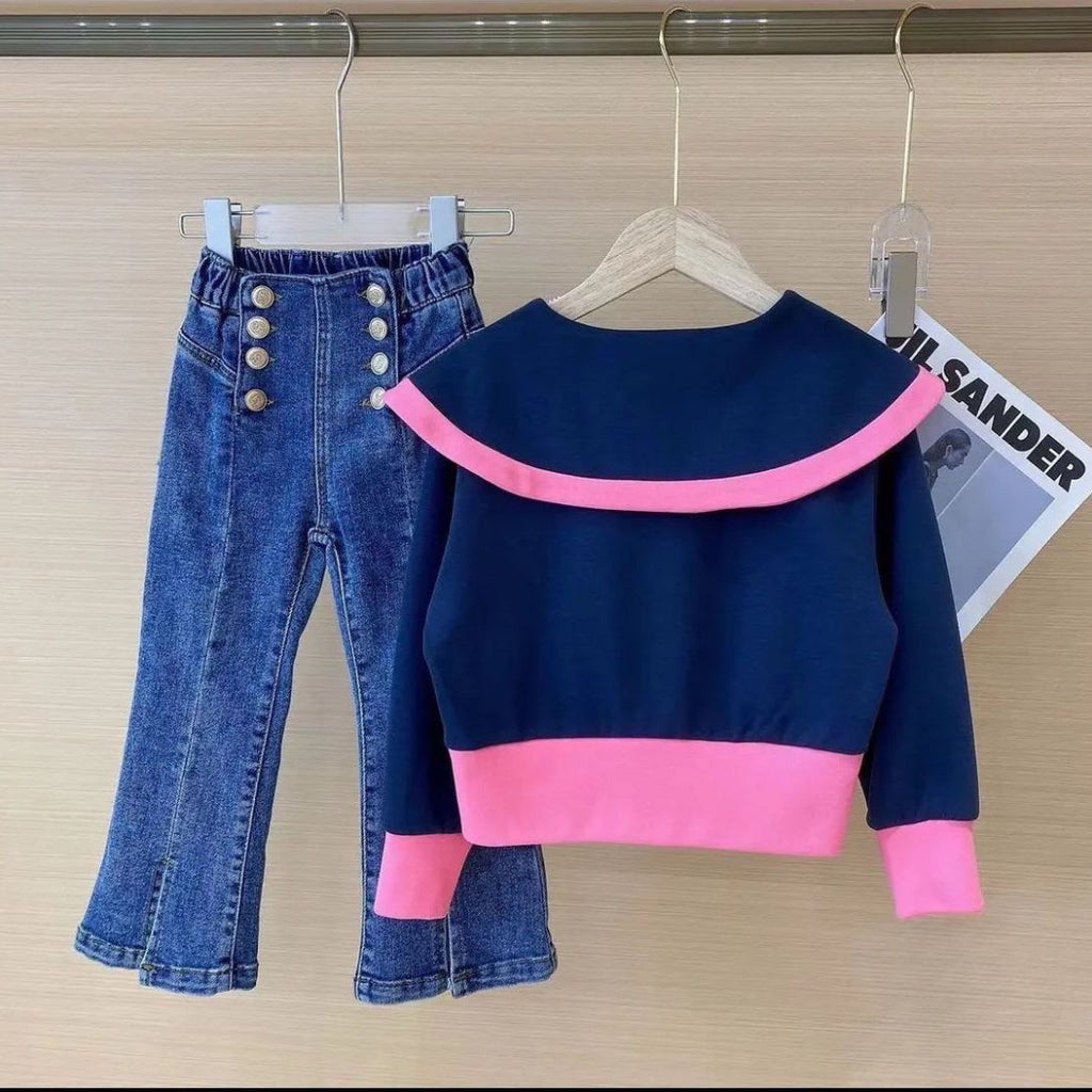 Conjunto elegante de 2 piezas para niñas: blusa y pantalón vaquero.