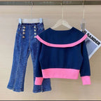 Conjunto elegante de 2 piezas para niñas: blusa y pantalón vaquero.