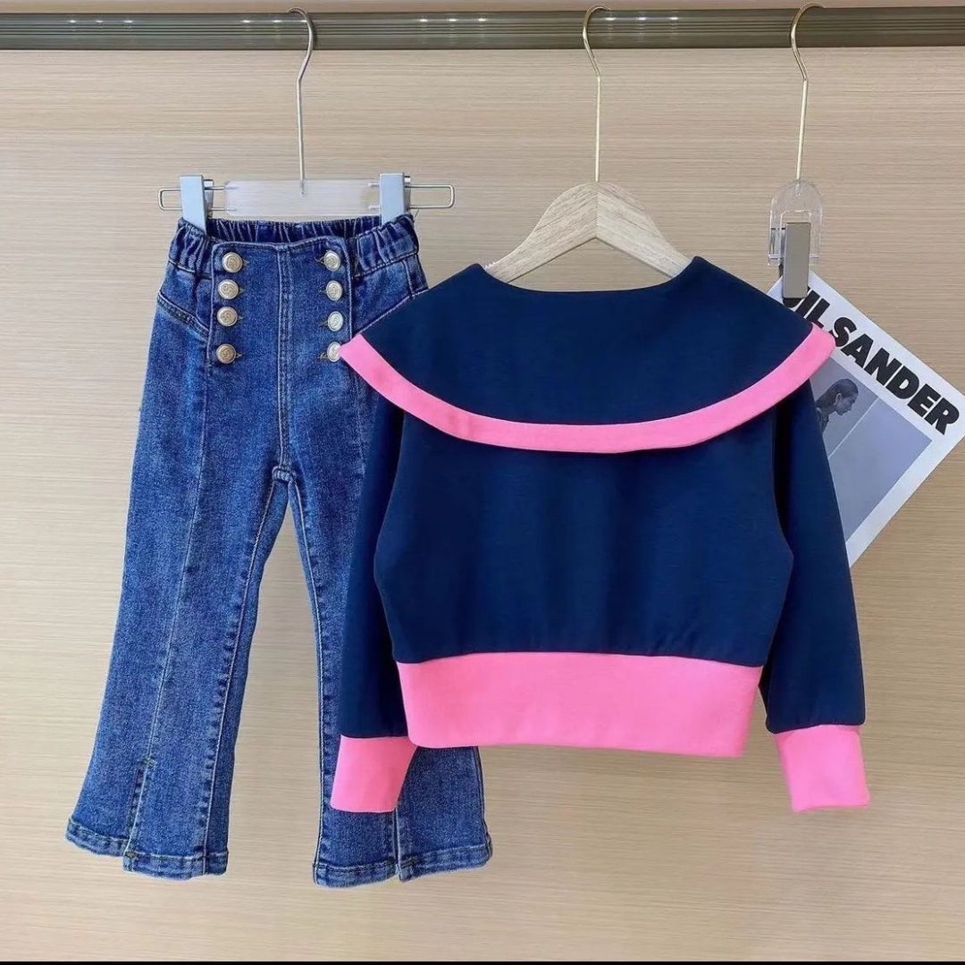 Conjunto elegante de 2 piezas para niñas: blusa y pantalón vaquero.