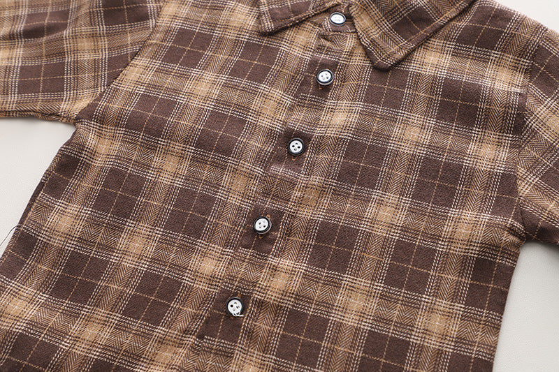 Conjunto de 3 piezas: camisa de cuadros, chaleco de lana y pantalón