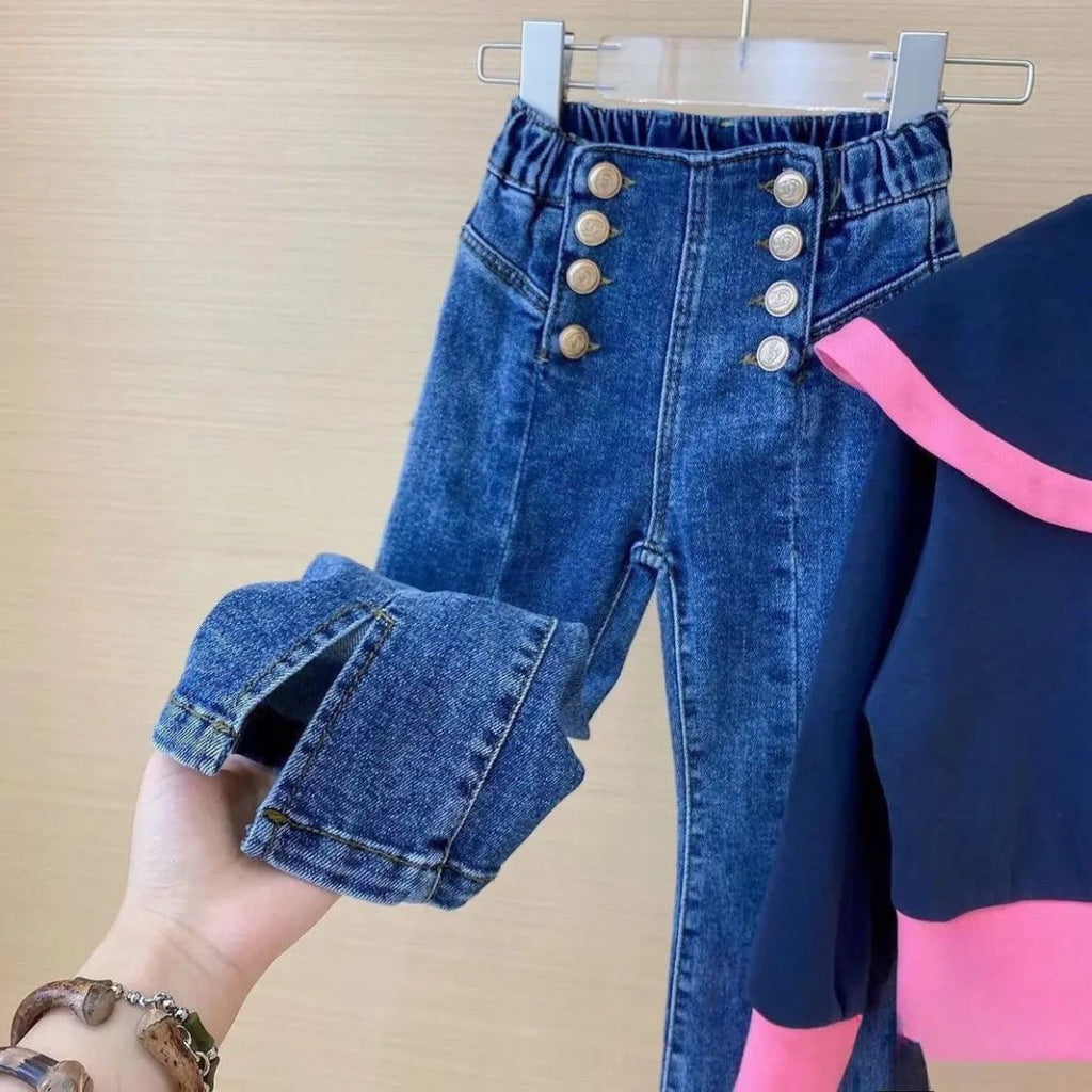 Conjunto elegante de 2 piezas para niñas: blusa y pantalón vaquero.
